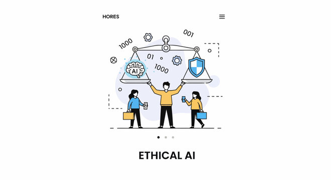 Ethical AI concept showing balance scale with artificial intelligence and data security for business and technology design illustration