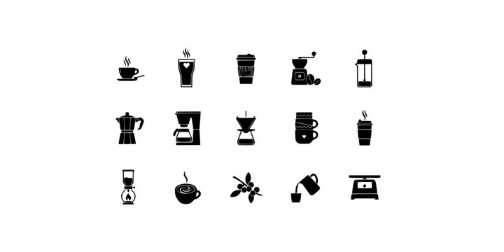 Coffee Brewing Icons in Black and White, Arranged Grid of Line Art Tools for Beverage Preparation Concept