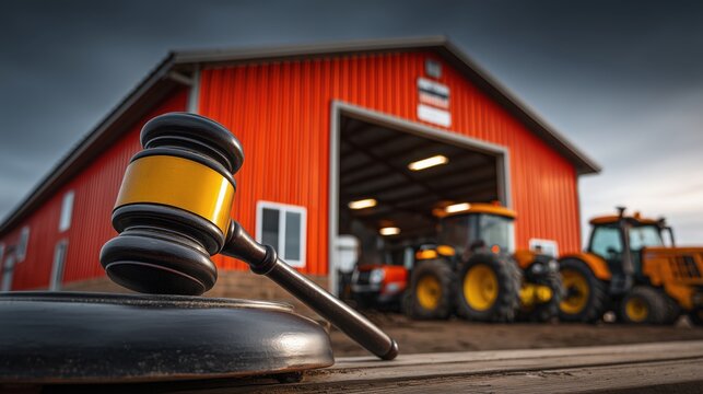 Auction gavel in front of a farm building and tractors. Agricultural bankruptcy, farm foreclosure, financial crisis, debt, insolvency, legal proceedings, and rural business failure concept