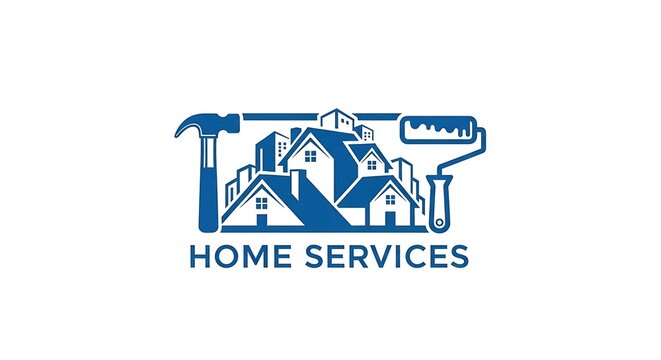 Blue home services logo with houses, hammer, and paint roller
