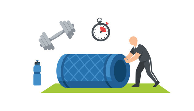 Physical rehabilitation concept with a man rolling a giant foam roller on an exercise mat.