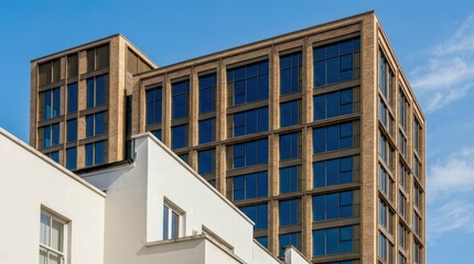Obraz premium Modern glass and wood building against clear blue sky.