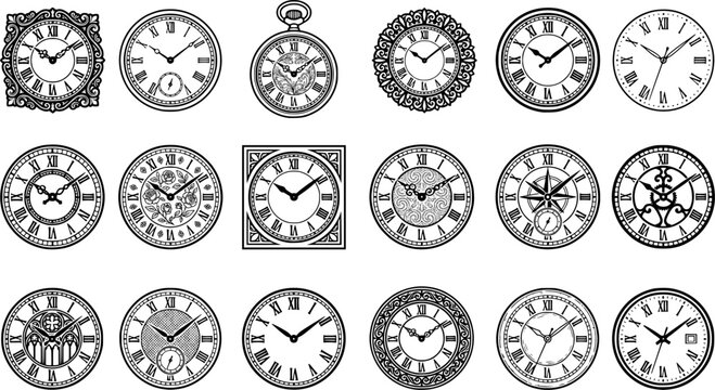 Vintage Clock Face Vector Set, Antique Roman Numeral Watch Dials, Ornate Wall Clock, Pocket Watch and Classic Timepiece Design Elements