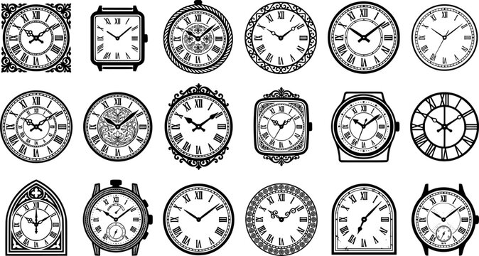 Vintage Clock Face Vector Set, Antique Roman Numeral Watch Dials, Ornate Wall Clock, Pocket Watch and Classic Timepiece Design Elements