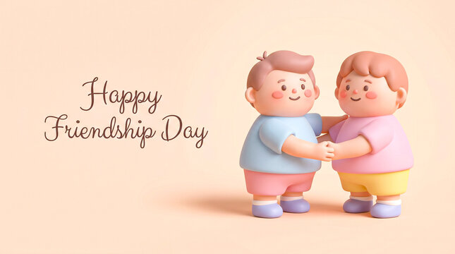 Happy Friendship Day greeting card with cute 3D cartoon boys, best friends holding hands, adorable clay style characters on soft pastel background