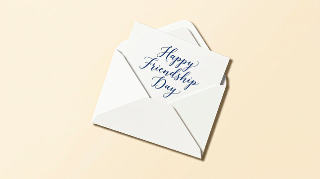 Happy Friendship Day greeting card in white envelope, elegant calligraphy note on beige background, minimalist stationery for social connection