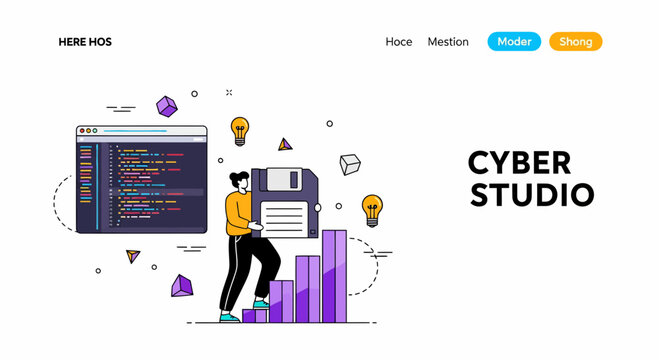 Cyber Studio Professional Software Development Programming Web Coding Agency Tech Modern Digital Success Concept Banner Illustration Graphic Design