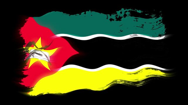 Waving torn Mozambique flag grunge brush burn light leaks, transparent background alpha channel loop full HD