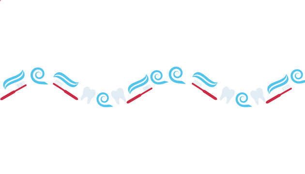 Seamless horizontal pattern featuring red toothbrushes, blue toothpaste swirls, and white teeth.