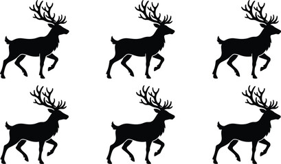 Deer silhouette vector illustration set, horned reindeer wild animal graphics, isolated forest wildlife design elements © VectoStudio