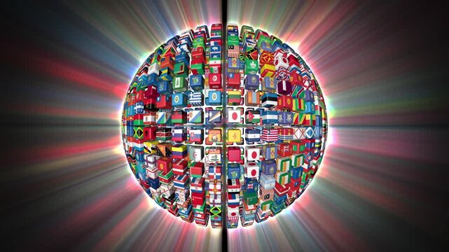 Flags of the World Sphere Rotating, shine, Luma Matte