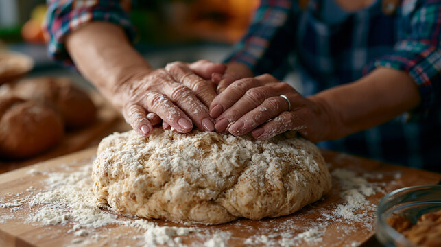 Elderly grandmother teaching her teenage granddaughter a traditional bread recipe in a modest kitchen, floury hands moving together over a wooden board, decades of cultural memory and unspoken famil
