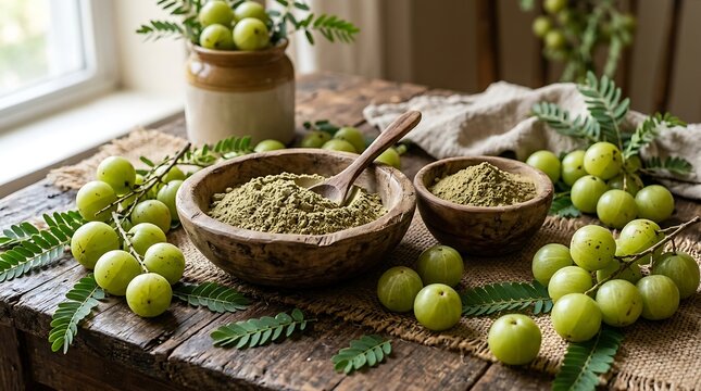 Fresh organic amla fruit and green powder in a wooden bowl on a rustic kitchen table for healthy food. amla powder