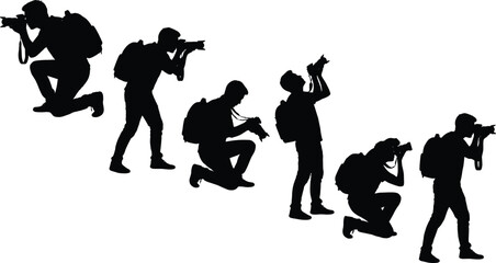 Photographer silhouette vector illustration set, paparazzi shooting with camera graphics, isolated character design elements © VectoStudio