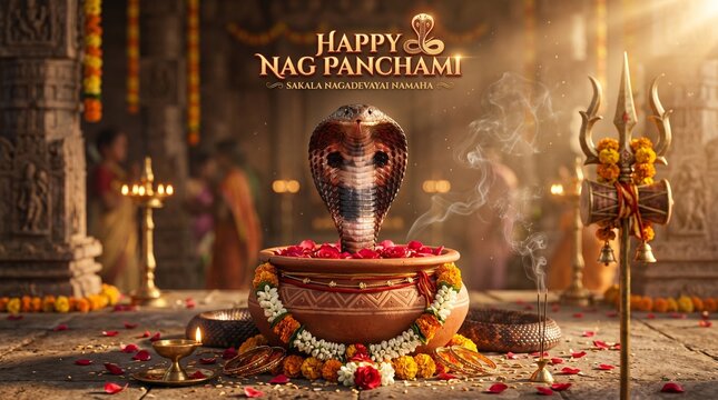Nag Panchami, Close-up of cobra emerging dramatically from sacred ceremonial sand mound.