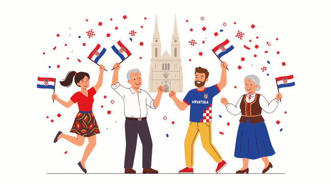 Happy Croatian people celebrating with flags and confetti in front of Zagreb Cathedral