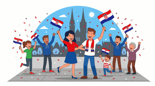 Croatian People Celebrating National Holiday With Flags and Confetti - Diverse Group