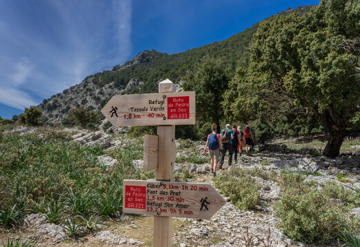 Mallorca, Spanien: Wanderung im Norden der Insel, Serra de Tramuntana zum Puig des Tossals Verds - Wandergruppe in den Bergen, mit Wegweiser am GR 221