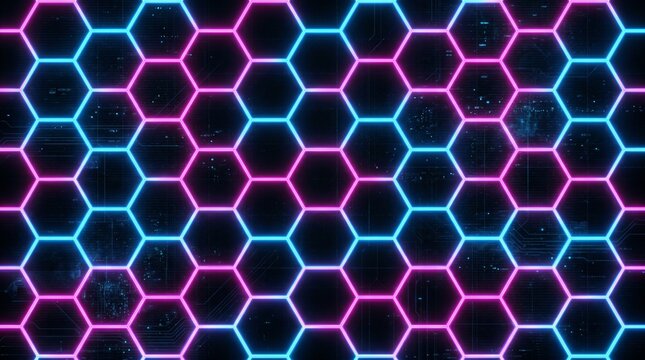Repeating neon hexagon pattern in electric blue and pink on dark background, futuristic tech aesthetic, digital modern design