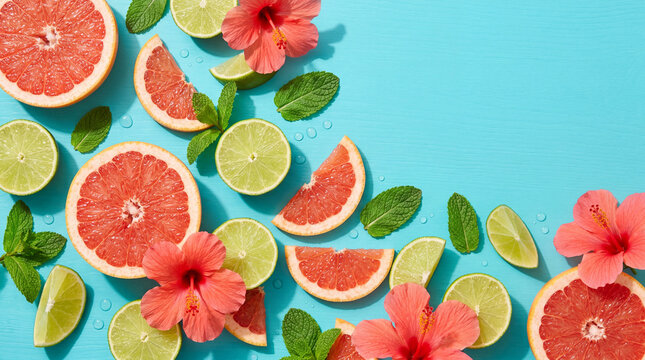 Fresh Grapefruit and Lime Citrus Slices with Mint Leaves, Pink Hibiscus Flowers and Water Droplets on Turquoise Background