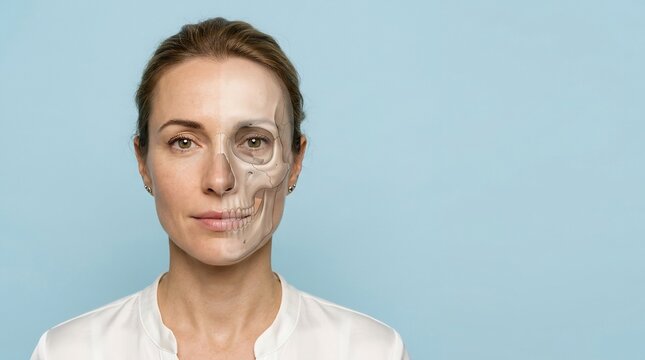 Woman features a composite facial view showing the skull structure beneath the skin to represent medical imaging or anatomical understanding for health awareness campaigns.