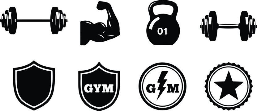 Set of black and white gym and fitness icons featuring barbells dumbbells kettlebell flexing arm and badges isolated on transparent background