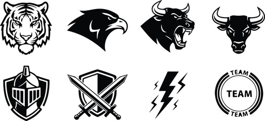Fototapeta premium Set of eight stylized animal and team logo graphics featuring tiger head eagle bull shield lightning bolt crossed swords and circular team badge designs