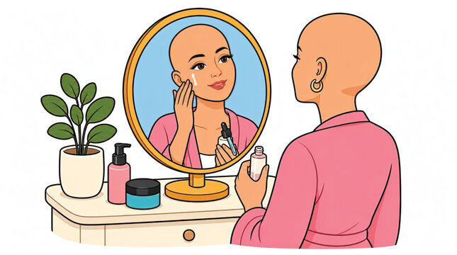 Woman with bald head applying makeup.