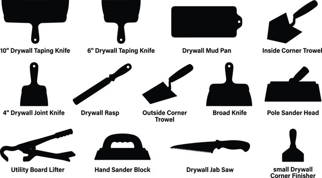 Professional Drywall Finishing and Plastering Tool Silhouette Icon Set Featuring Taping Knives Mud Pan Corner Trowels Jab Saw and Sanders Isolated on White