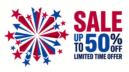 Fototapeta premium Patriotic sale banner with red and blue fireworks and discount text