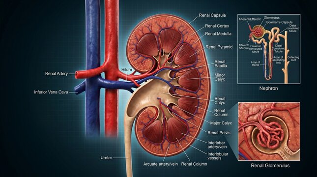 Detailed anatomical cross‑section of human kidney, showing renal cortex, medulla, pyramids, calyces, pelvis, arteries, veins, and ureter, emphasizing medical education, renal function, and biological 