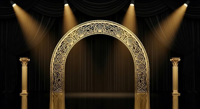 Golden ornate arch and pillars on stage with spotlights
