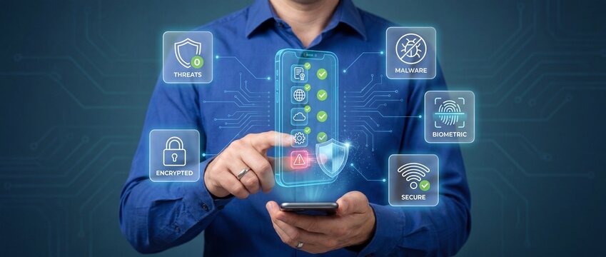Digital security concept person holding smartphone with holographic interface showing cybersecurity icons like malware protection encryption biometric scan and secure wi fi connection against blue
