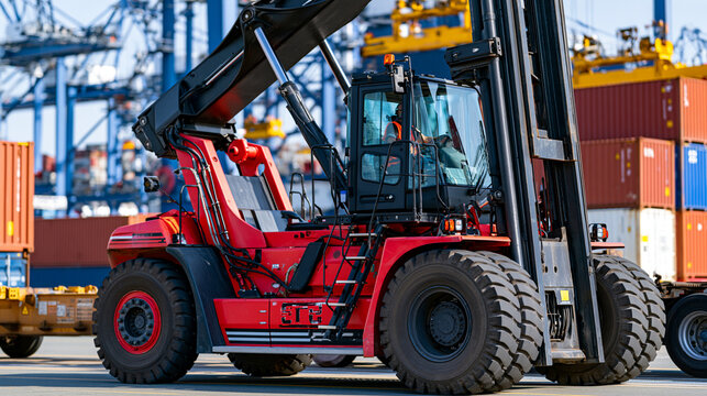 Reach stacker positions empty container chassis in freight terminal yard under harsh midday sun, logistics hub intermodal transport supply chain equipment container depot heavy machinery operation .