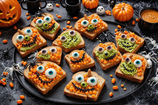 Spooky Halloween Monster Toasts Prepared for a Fun Childrens Hol