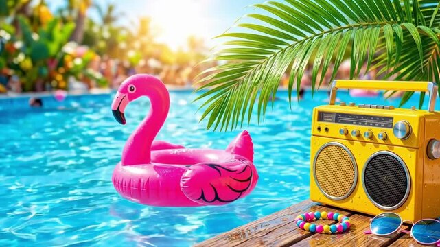 Inflatable pink flamingo float in swimming pool beside yellow boombox radio on wooden deck with sunglasses beads and palm leaves. Sunny tropical resort vacation relaxation summer fun concept