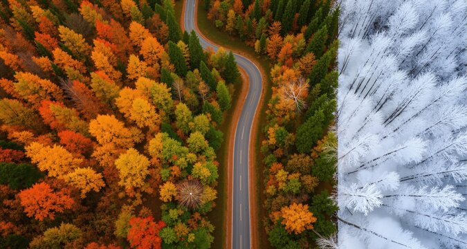 Winding road in the forest. Autumn, summer and winter time colage. Top down aerial view from a drone.
