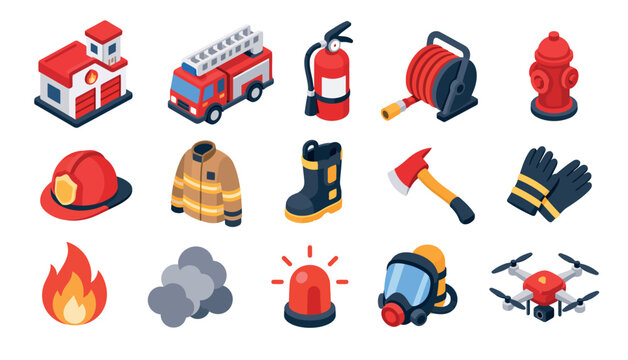 Firefighter equipment and tools icons.