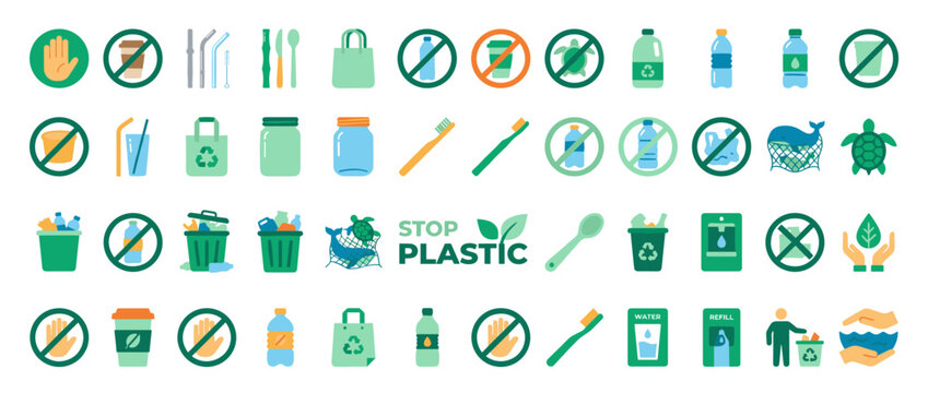 No Plastic Environment Awareness Symbols Set.