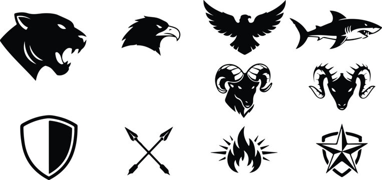 Collection of stylized animal and symbol logos featuring panther head eagle wings ram horns scorpion shield arrow fire star isolated designs