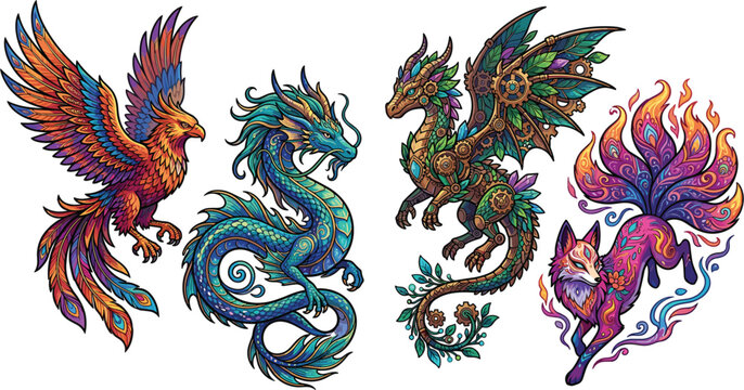 Four ornamental mythical creatures phoenix dragon and kitsune fox illustrationFour ornamental mythical creatures phoenix dragon and kitsune fox illustration