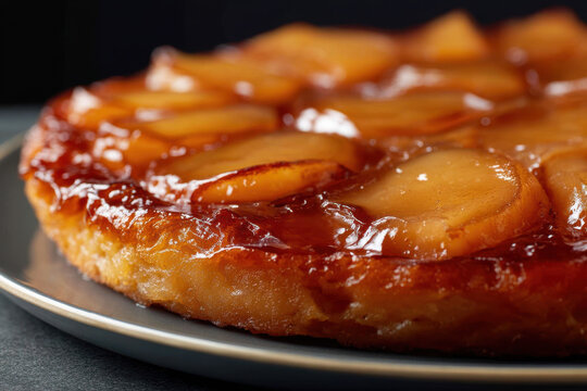 Caramelized Tarte Tatin - A classic French upside-down pastry presents a glossy layer of deeply glazed apples resting atop a golden, flaky puff pastry crust over a dark grey surface