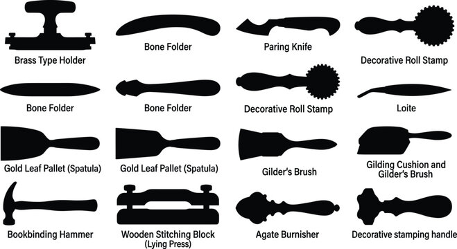 Vintage Bookbinding and Gold Leaf Gilding Tool Silhouette Icon Set Featuring Brass Type Holder Bone Folder Paring Knife Burnisher and Stamps Isolated on White