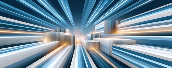 Fototapeta premium Digital abstract futuristic city with speed lines and network data motion toward horizon