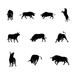 Obraz premium Bulls in Various Poses as Black Silhouettes on White Background Featuring Bull, Silhouette, Animal with Cattle and Illustration