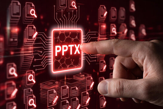 Primer plano de mano apuntando a icono rojo de PPTX en microchip digital con archivos virtuales de fondo. Concepto de automatizaci&oacute;n de presentaciones, diapositivas corporativas y gesti&oacute;n de datos.