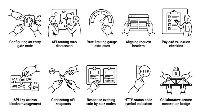 Set of API development and software engineering concept line icons with text descriptions.