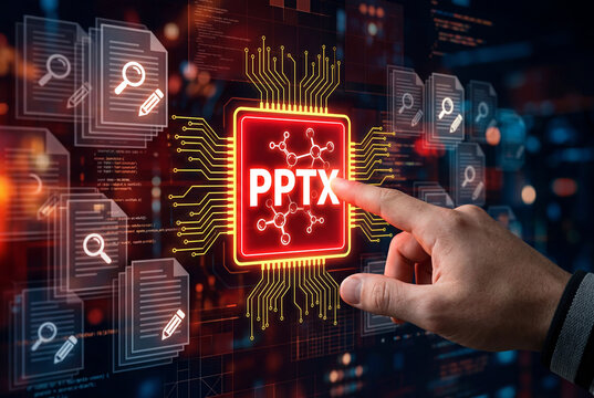 Mano seleccionando un icono luminoso de PPTX en un microchip digital rodeado de documentos virtuales. Concepto de presentaciones corporativas din&aacute;micas, dise&ntilde;o de diapositivas y automatizaci&oacute;n.