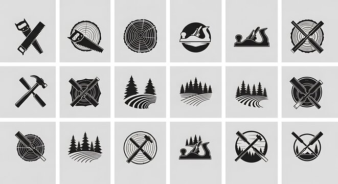 Collection of woodworking and forest icons for carpentry projects