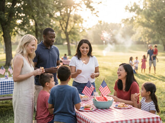 Obraz premium Group of Friends Laughing and Sharing Food Outdoors at Party